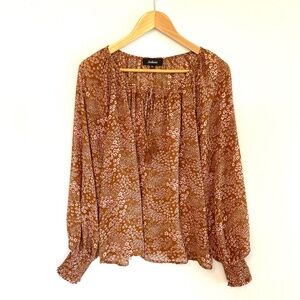 AAKAA Women's Large Semi-Sheer Peasant Blouse Balloon Sleeves Brown Floral